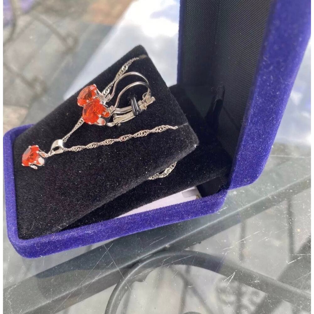 NWOT Orange Crystal Necklace & Earrings Silver Tone Jewelry Set - Picture 6 of 7